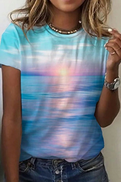 Simple Women Tee Top 3D Printed Round Collar Short Sleeve Regular Tee Shirt