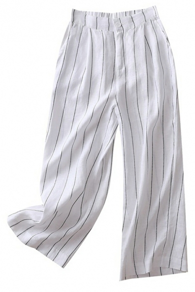 Women Dashing Pants Stripe Pattern Loose Pocket Mid Rise Ankle Length Button Fly Pants