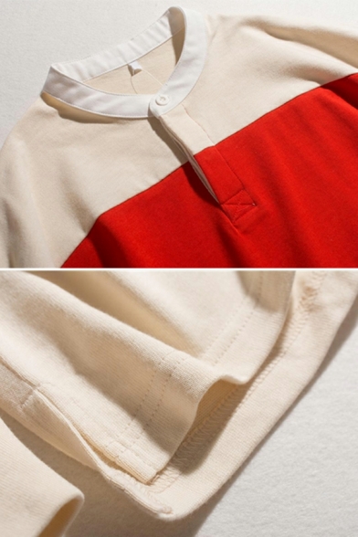 Cool Ladies Sweatshirt Color Block Long Sleeves Fitted V Neck Button Design Sweatshirt