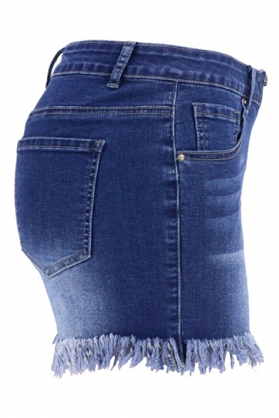 Elegant Shorts Color-blocking Pocket High Waist Slim Zip down Denim Shorts for Girls
