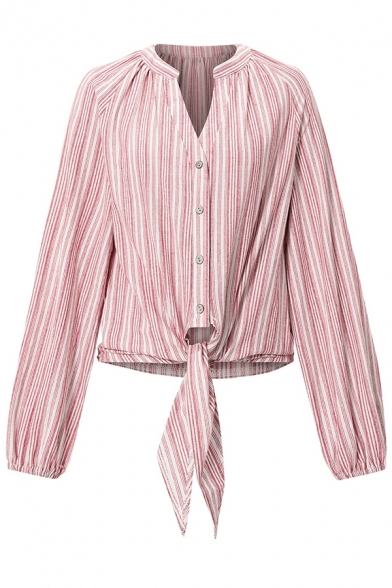 Girls Classic Shirt Stripe Print V-neck Tie-up Long-Sleeved Sashes Button Fly Shirt