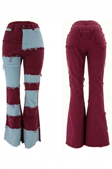 Girls Original Jeans Color Block Ripped Mid Waist Long Length Zipper Flare Jeans