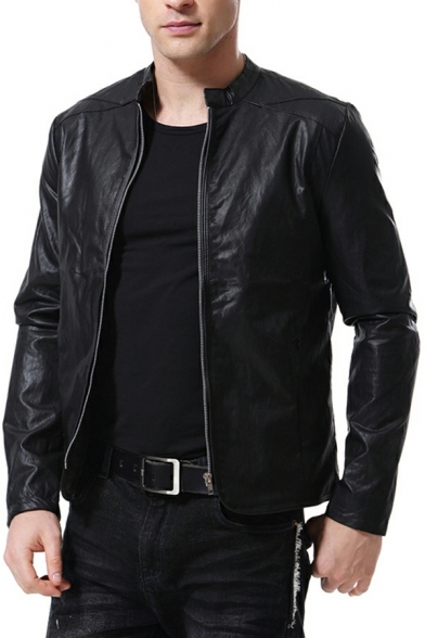 Guys Cool Jacket Whole Coloredpocket Stand Collar Long-sleeved Zip Fly Leather Jacket