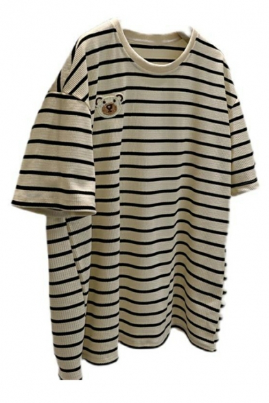 Hot Tee Shirt Striped Pattern Short Sleeve Round Neck Relaxed T-shirt for Girls