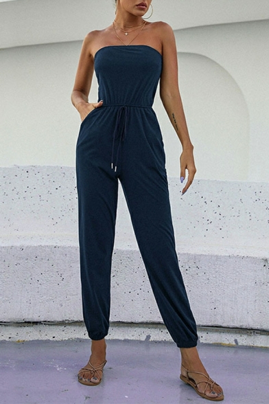 Hot Women Jumpsuits Solid Color Wrap Sleeveless Relaxed Pocket Jumpsuits