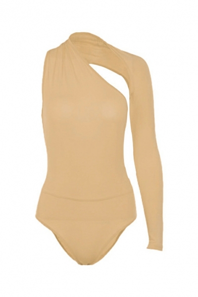 Irregular One Shoulder Long Sleeve Rompers Women V-neck Plain Bodysuit