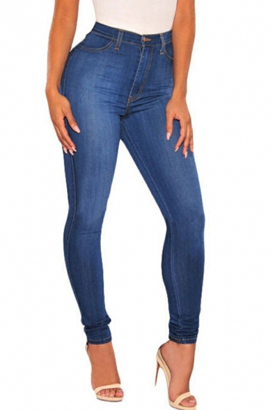 Ladies Modern Jeans Pure Color Full Length Skinny Pocket High Rise Zip down Jeans