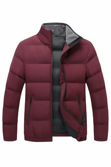 Leisure Men Parka Coat Plain Pocket Designed Stand Collar Long Sleeve Zip Fly Parka Coat