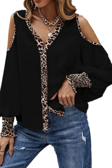 Leopard Print Stitching Tees V-neck Button Strapless to Beat The Long-sleeved Top T-shirt