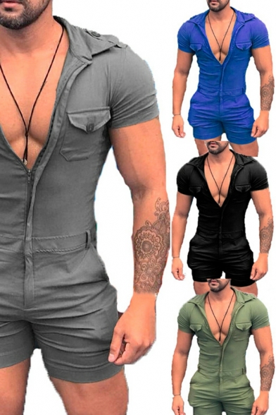Popular Men Rompers Pure Color Short Sleeve Chest Pocket Spread Collar Zipper Rompers