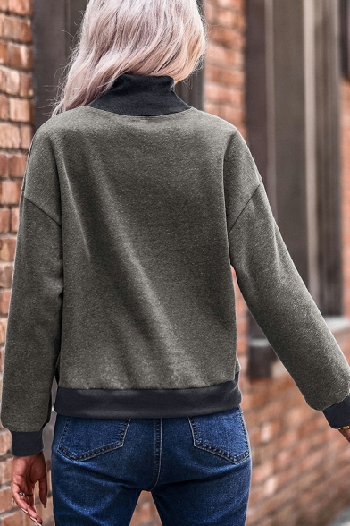 Women Fashionable Sweatshirt Contrast Color Chest Pocket Long-Sleeved High Neck Sweatshirt