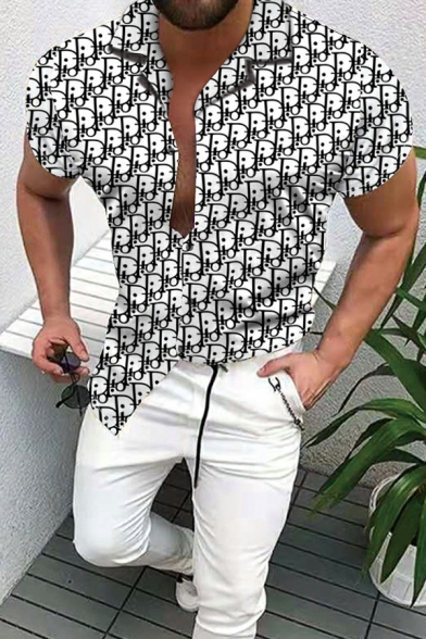 Boyish Guys Shirt Short Sleeve All over The Print Notched Collar Button Closure Shirt