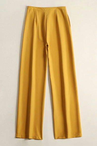 Chic Pants Pure Color Mid Rise Loose Ankle Length Straight Zip down Pants for Girls