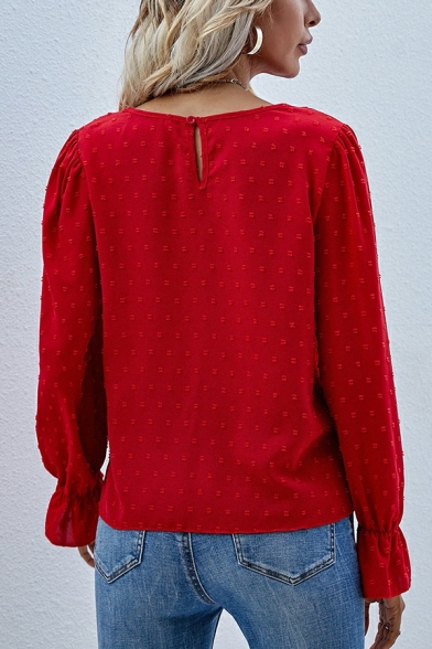 Commuter Plain Shirt Women's Round Neck Long Sleeve Jacquard Polka Dot Shirt