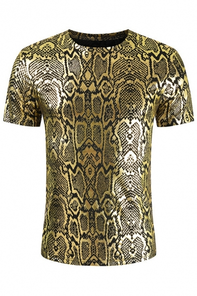 Edgy Tee Shirt Snake Pattern Round Collar Fitted Short Sleeves Tee Top for Men