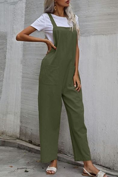 Fashionable Ladies Overalls Solid Pocket Front Sleeveless Oversized Long Length Overalls