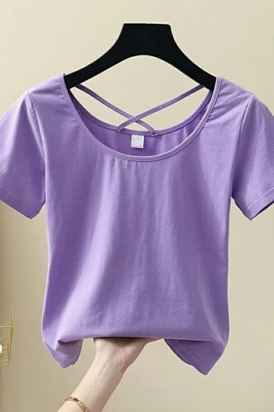 Modern Tee Shirt Plain Cross Back Short Sleeves Round Collar Crop Tee Shirt for Women