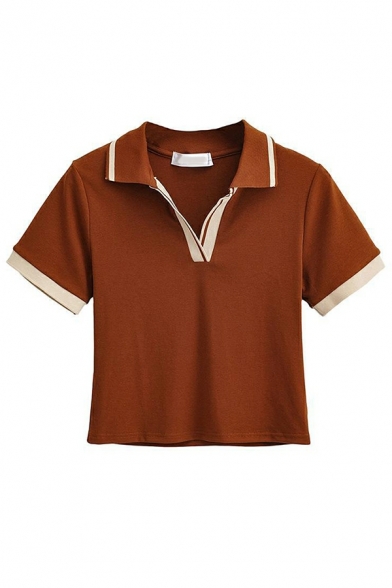 Novelty Polo Shirt Contrast Line V Neck Short Sleeve Cropped Polo Shirt for Girls