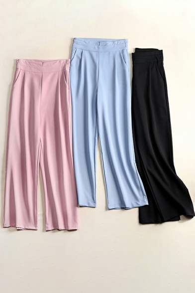 Retro Girls Pants Pocket Pure Color Mid Rise Full Length Straight Zip Placket Pants