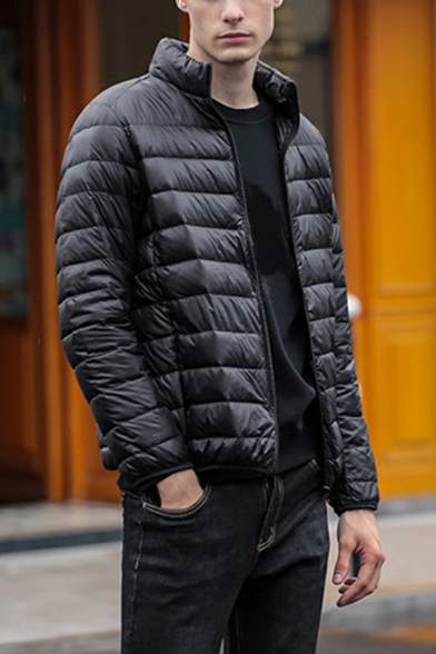 Street Style Guy's Parka Coat Solid Stand Collar Long Sleeves Regular Zip Puffer Jacket