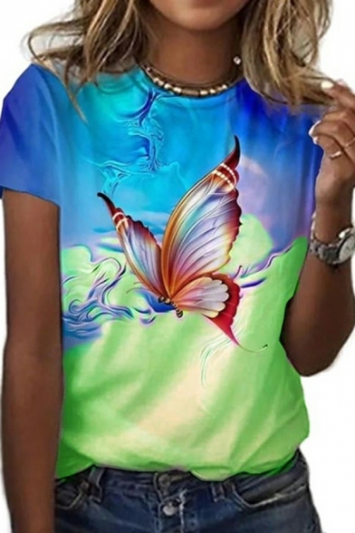 Women Dashing Tee Top 3D Butterfly Print Short Sleeve Round Collar Fitted T-shirt