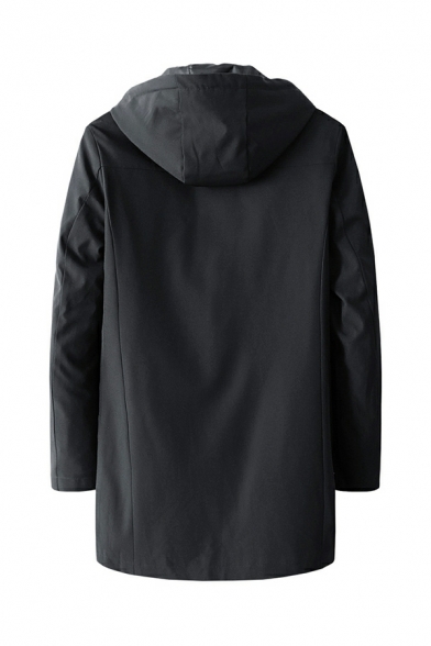 Elegant Guy's Coat Solid Color Long Sleeve Drawstring Hooded Regular Zip Fly Trench Coat