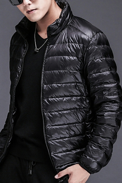 Fancy Parka Coat Whole Colored Pocket Long Sleeves Stand Collar Zip Fly Parka Coat for Men