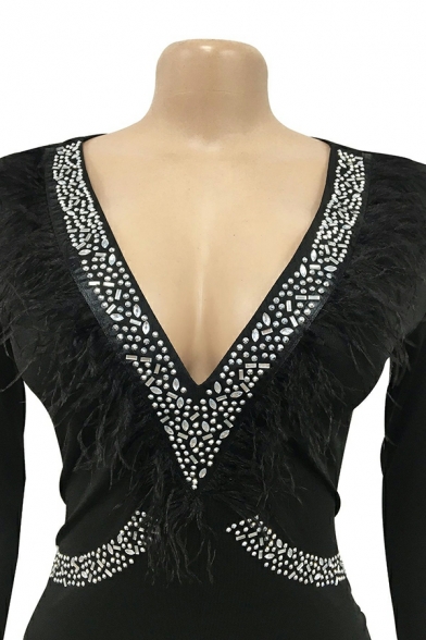 Fashion Women Bodysuit Solid V Neck Diamond Design Long Sleeve Long Length Bodysuit