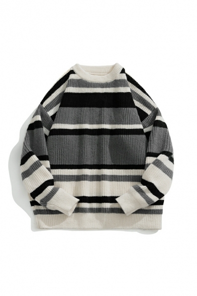 Fashionable Sweater Striped Print Round Neck Ribbed Trim Sweater for Men