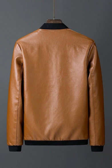 Guy's Chic Jacket Contrast Trim Pocket Long-Sleeved Regular Stand Collar Leather Jacket