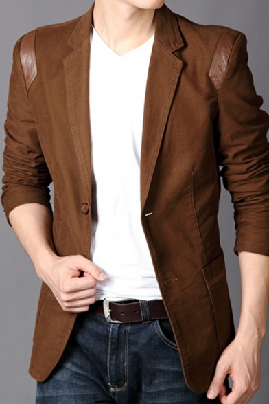 Guys Chic Blazer Pure Color Long Sleeve Lapel Collar Fitted Single Button Blazer