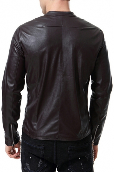 Guys Cool Jacket Whole Coloredpocket Stand Collar Long-sleeved Zip Fly Leather Jacket