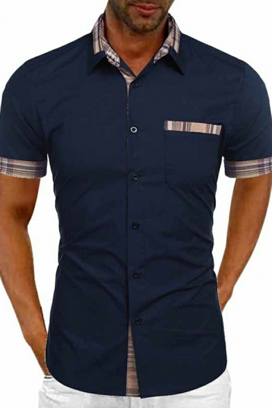 Men's Plain Short Sleeve Shirts Black Fashion Lapel Buttoned Shirts