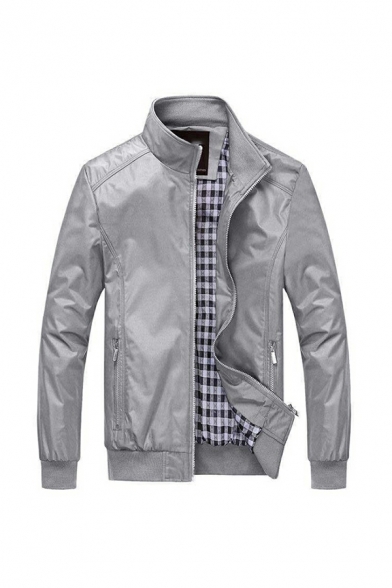 Mens Edgy Jacket Solid Plaid Lined Pocket Long Sleeve Stand Collar Fitted Leather Jacket
