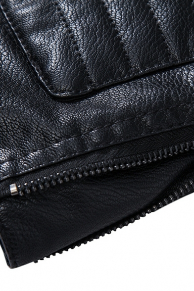 Mens Vintage Jacket Pure Color Stand Collar Long Sleeve Regular Oblique Zip Leather Jacket