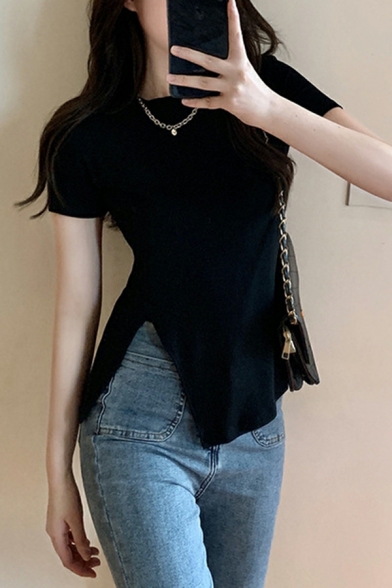 Summer Chic Tees Novel Ins Super Fire Slim Fit Side Slit Black Short Sleeve T-shirt