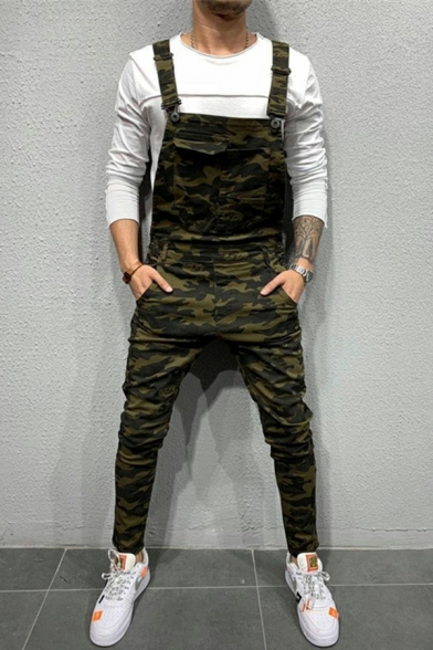 Unique Overalls Camouflage Print Chest Pocket Sleeveless Regular Overalls for Men