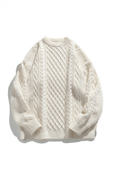 Chic Knitwear Plain Ribbed Trim Long-sleeved Crew Neck Relaxed Pullover Sweater for Boys