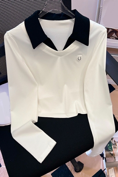 Color Block Long Sleeved Polos Collar New Sense of Design Embroidered Polo Shirts