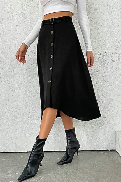 Cool Ladies Skirt Pure Color Belt Midi Button down High Waist Regular A-Line Skirt
