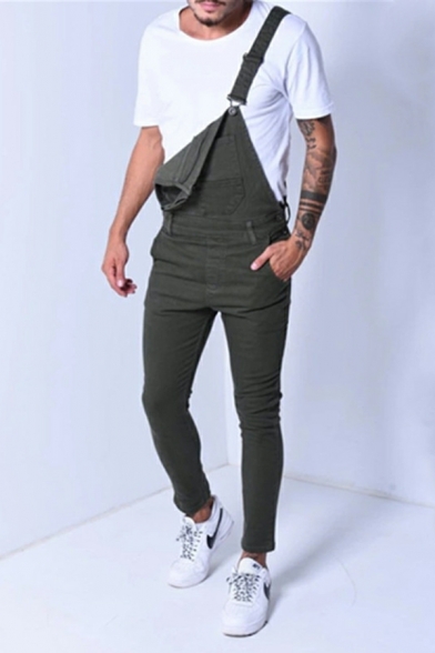 Cool Overalls Solid Colored Pocket Design Sleeveless Skinny Ankle Length Overalls for Men