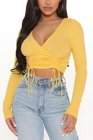 Elegant Ladies T-shirt Whole Colored Ruched Long-sleeved V Neck Slimming Crop Tee Top