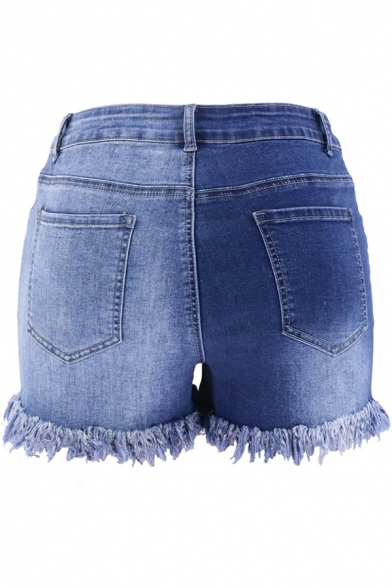 Elegant Shorts Color-blocking Pocket High Waist Slim Zip down Denim Shorts for Girls