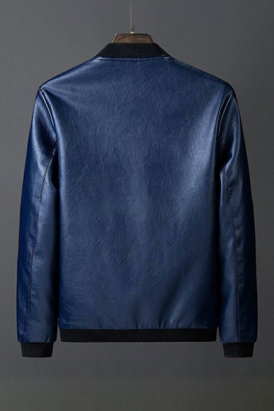 Guy's Chic Jacket Contrast Trim Pocket Long-Sleeved Regular Stand Collar Leather Jacket