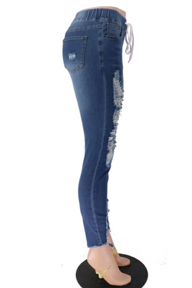 Hot Jeans Pure Color Cut-outs Ankle Length Slim High Rise Drawstring Waist Jeans for Women