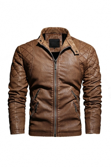 Leisure Men Jacket Stand Collar Whole Colored Long Sleeves Skinny Zip down Leather Jacket