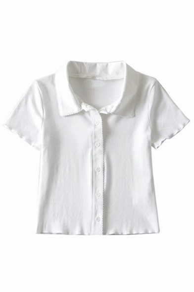 Polo Collar T-shirt Girl Short Sleeve Plain Button Cardigan T-shirt