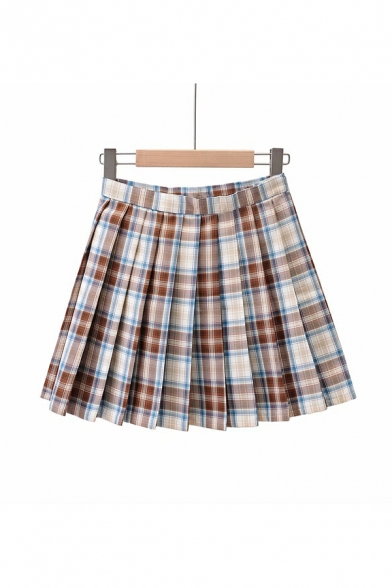 Popular Women Skirt Checked Print High Rise Elastic Waist Mini Pleated Skirt
