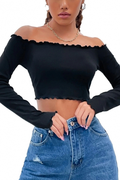 Popular Women T-shirt Solid off The Shoulder Long-sleeved Skinny Crop Tee Top
