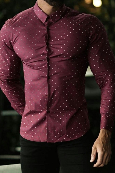 Slim Fit Long Sleeve Shirt Men's Black Lapel Print Button-Up Shirt